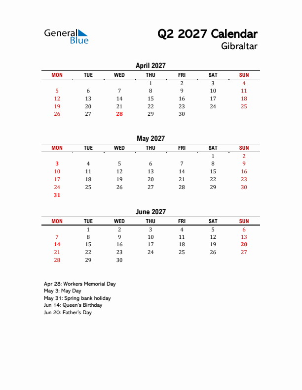 2027 Q2 Calendar with Holidays List for Gibraltar
