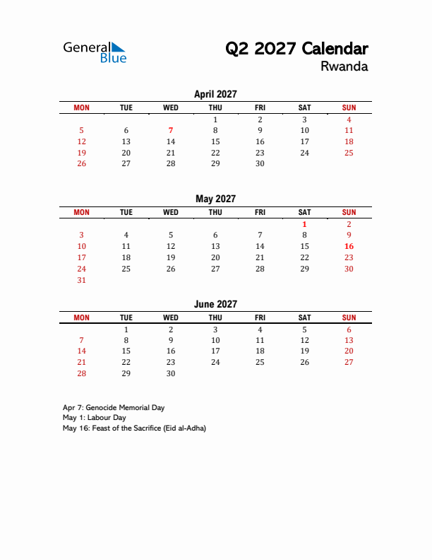 2027 Q2 Calendar with Holidays List for Rwanda