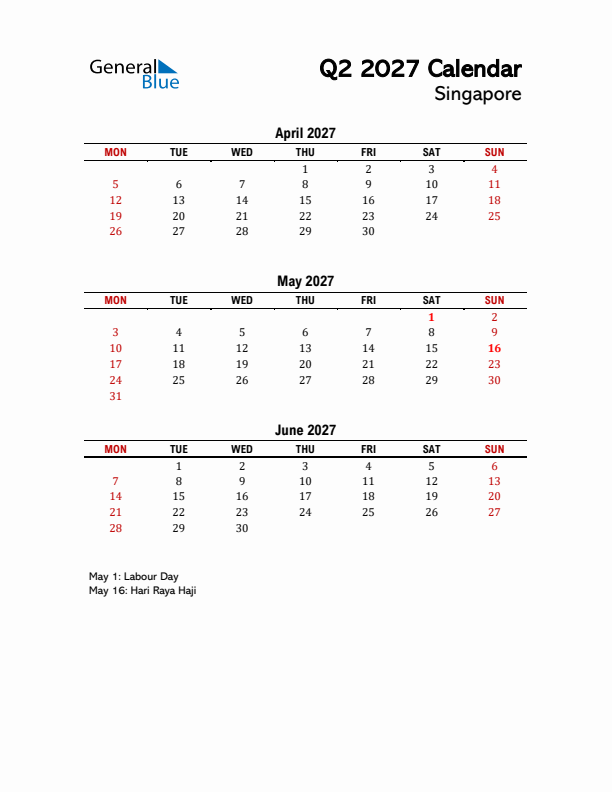 2027 Q2 Calendar with Holidays List for Singapore