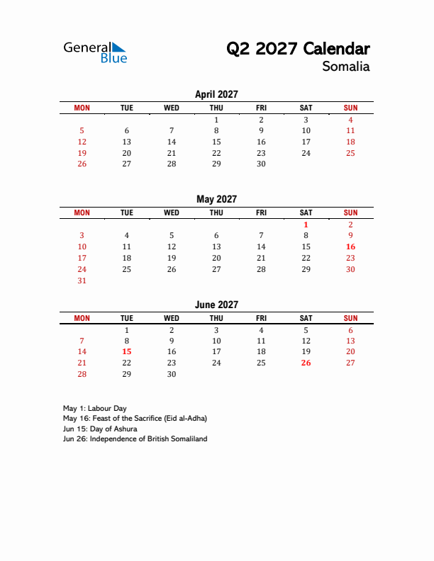 2027 Q2 Calendar with Holidays List for Somalia