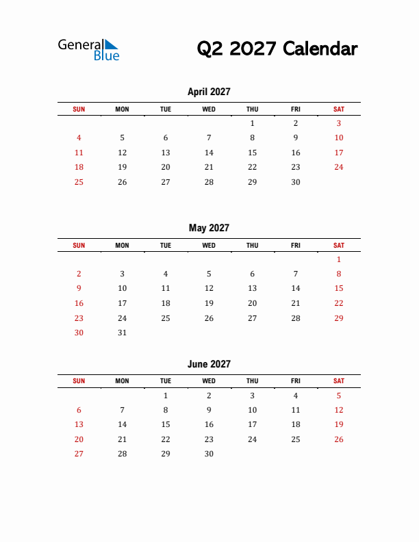 2027 Q2 Calendar with Red Weekend