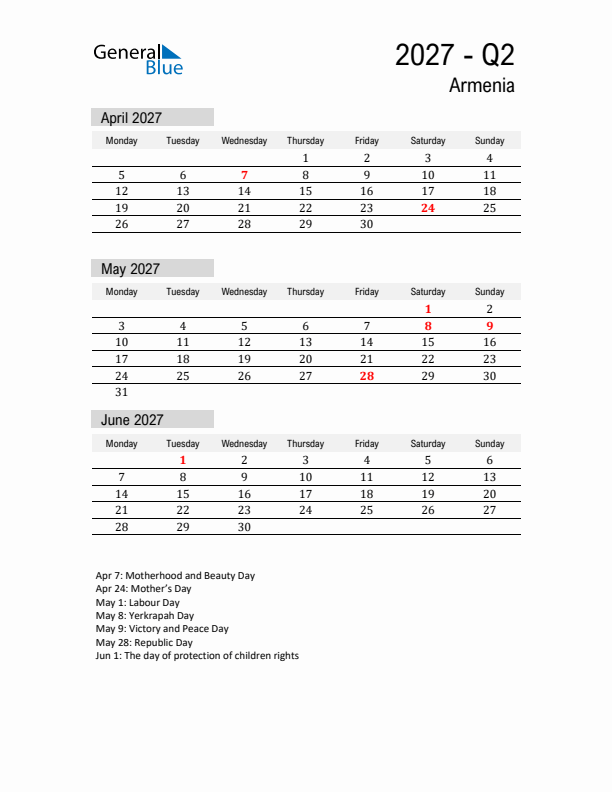 Armenia Quarter 2 2027 Calendar with Holidays