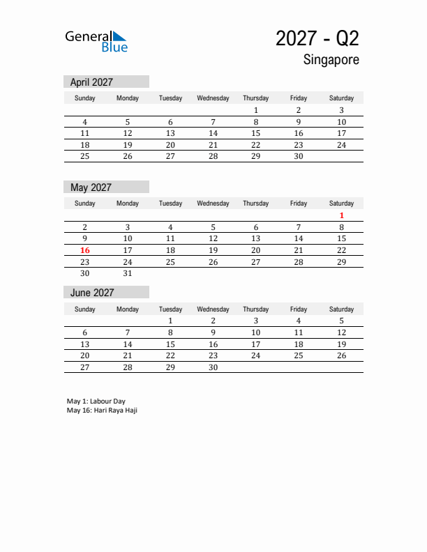 Singapore Quarter 2 2027 Calendar with Holidays