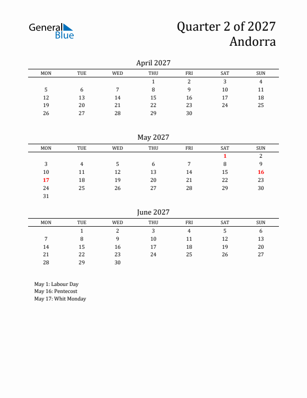 Quarter 2 2027 Andorra Quarterly Calendar