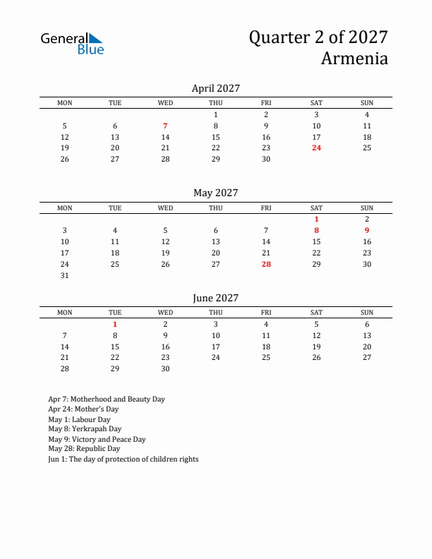 Quarter 2 2027 Armenia Quarterly Calendar