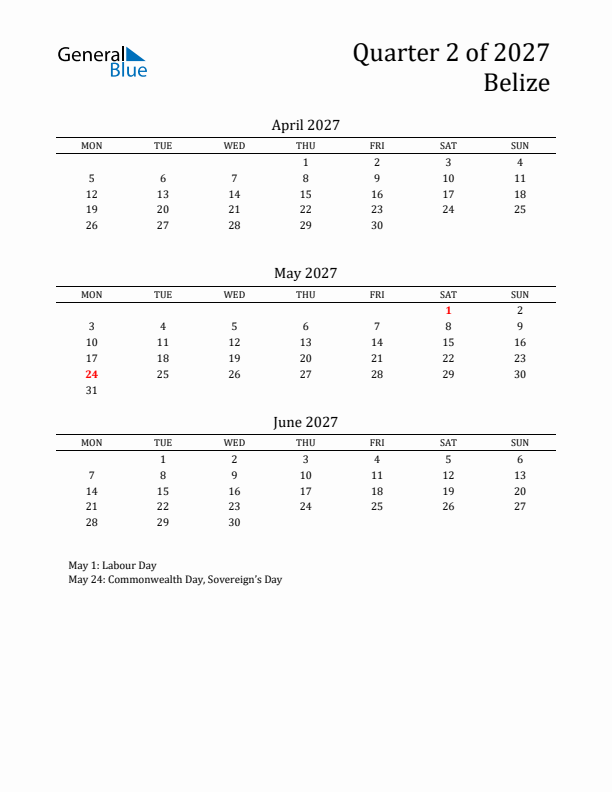 Quarter 2 2027 Belize Quarterly Calendar