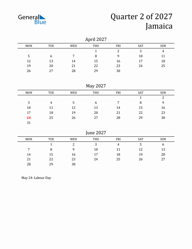 Quarter 2 2027 Jamaica Quarterly Calendar