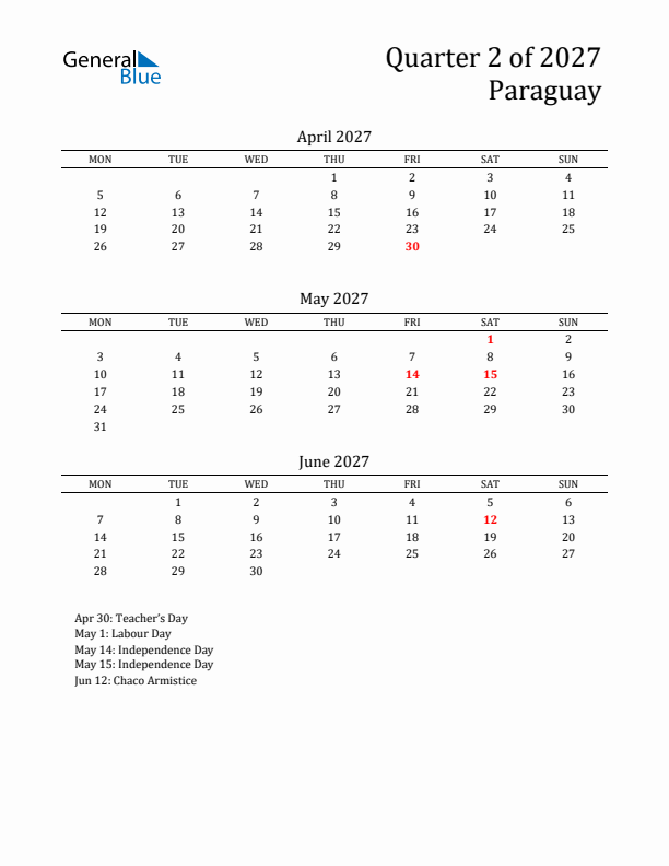 Quarter 2 2027 Paraguay Quarterly Calendar