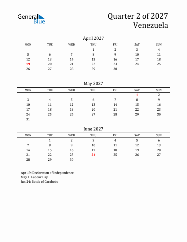 Quarter 2 2027 Venezuela Quarterly Calendar
