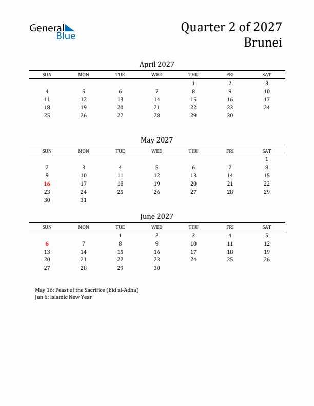 Quarter 2 2027 Brunei Quarterly Calendar