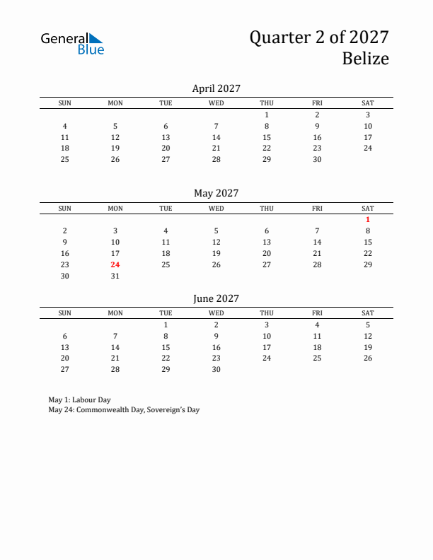 Quarter 2 2027 Belize Quarterly Calendar