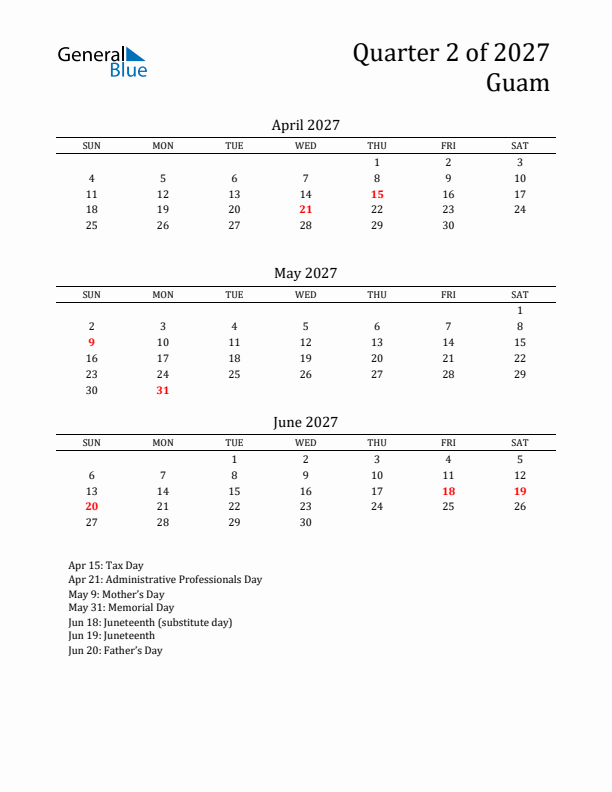 Quarter 2 2027 Guam Quarterly Calendar