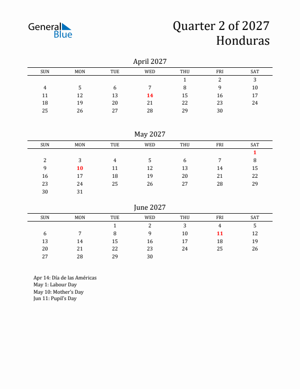 Quarter 2 2027 Honduras Quarterly Calendar