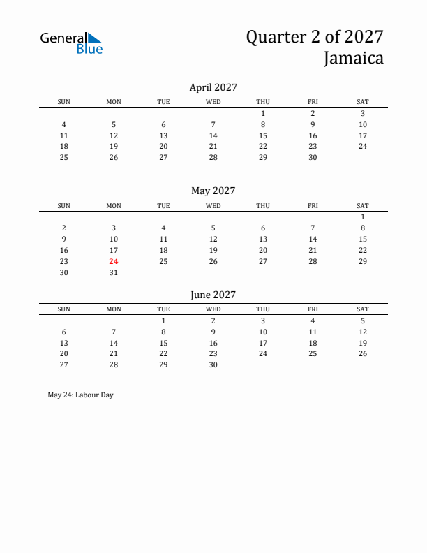 Quarter 2 2027 Jamaica Quarterly Calendar