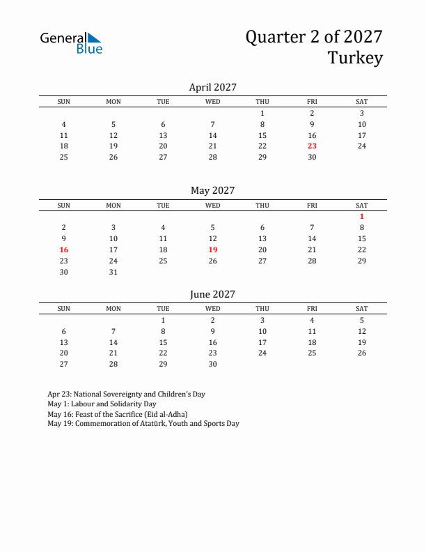 Quarter 2 2027 Turkey Quarterly Calendar