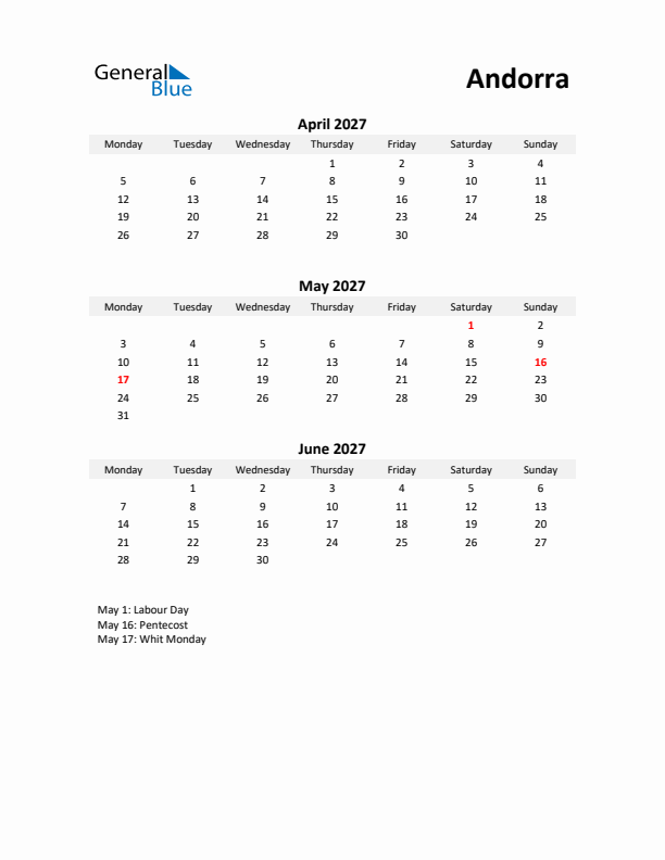 Printable Quarterly Calendar with Notes and Andorra Holidays- Q2 of 2027