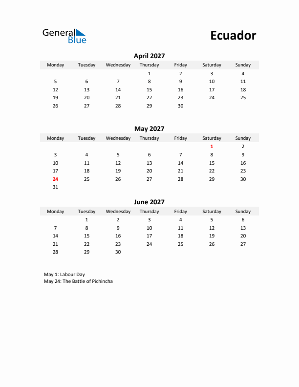 Printable Quarterly Calendar with Notes and Ecuador Holidays- Q2 of 2027