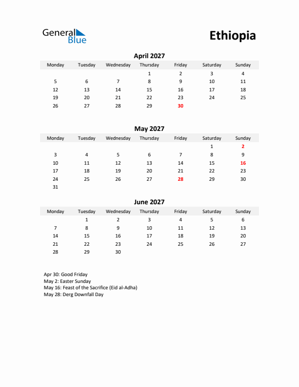 Printable Quarterly Calendar with Notes and Ethiopia Holidays- Q2 of 2027