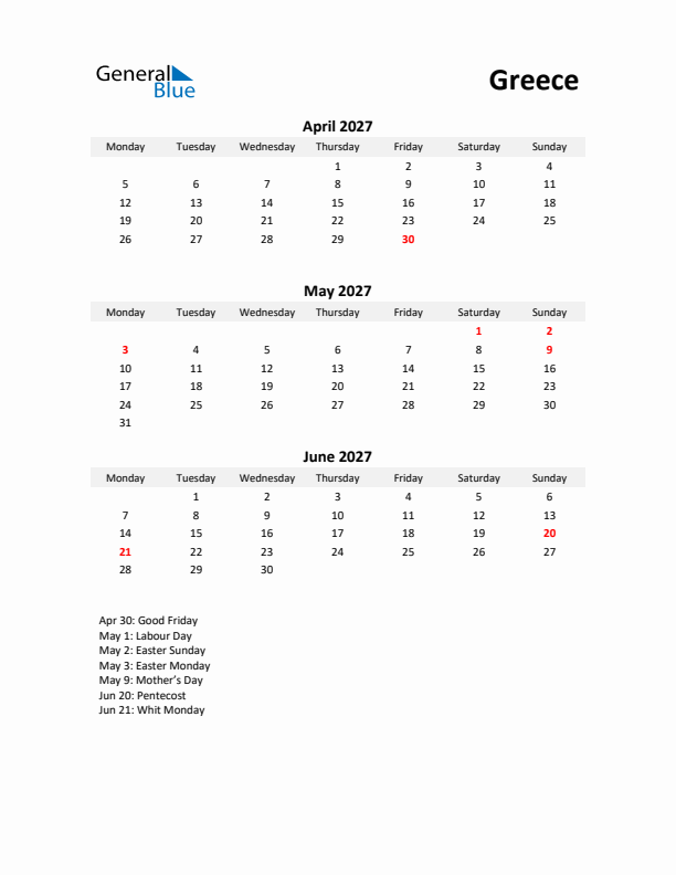 Printable Quarterly Calendar with Notes and Greece Holidays- Q2 of 2027