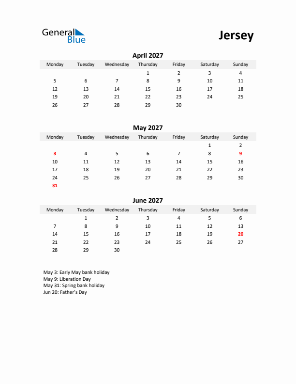 Printable Quarterly Calendar with Notes and Jersey Holidays- Q2 of 2027