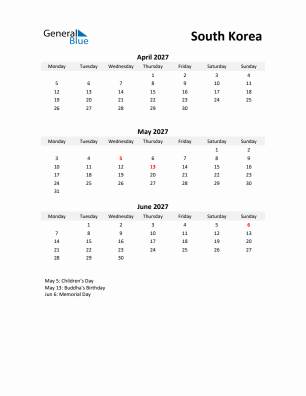 Printable Quarterly Calendar with Notes and South Korea Holidays- Q2 of 2027
