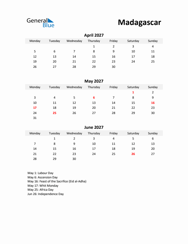 Printable Quarterly Calendar with Notes and Madagascar Holidays- Q2 of 2027