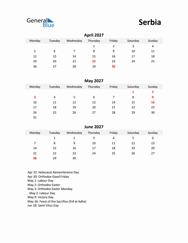 Printable Quarterly Calendar with Notes and Serbia Holidays- Q2 of 2027