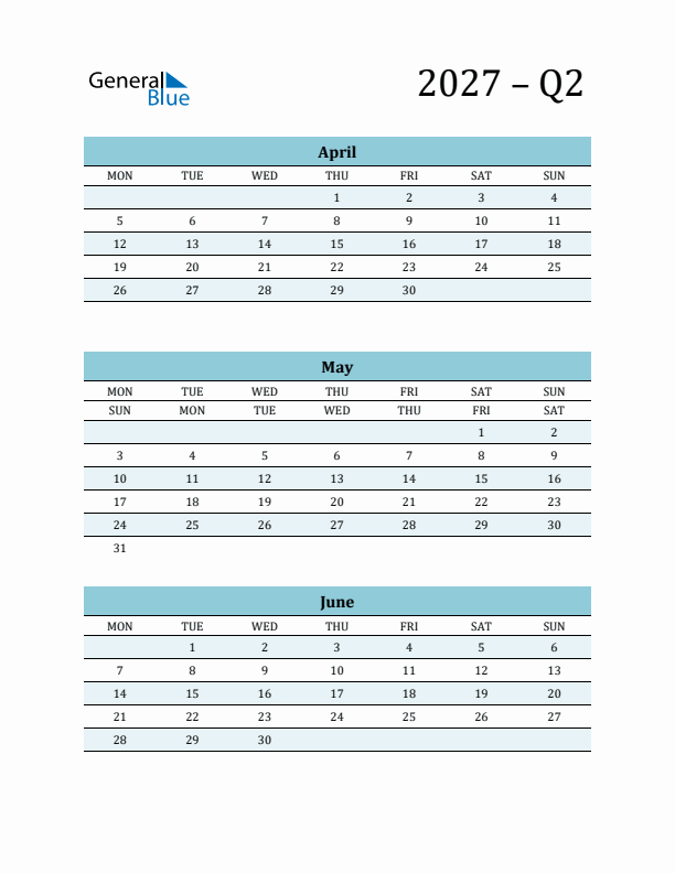 April, May, and June 2027 Calendar