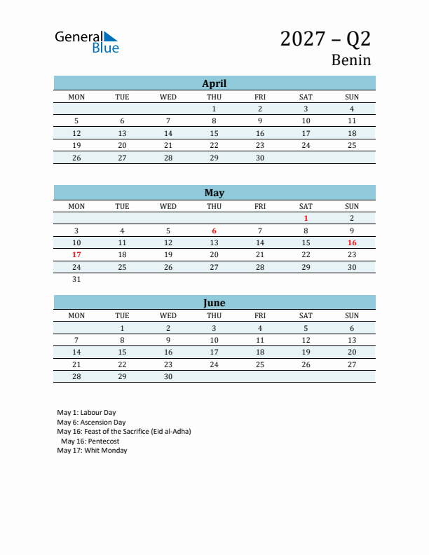 Three-Month Planner for Q2 2027 with Holidays - Benin