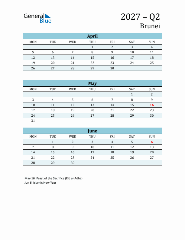 Three-Month Planner for Q2 2027 with Holidays - Brunei