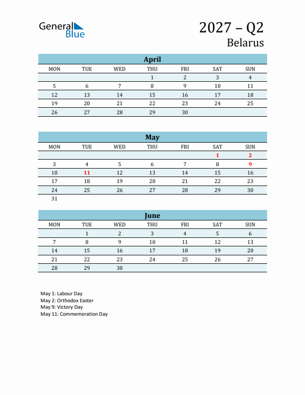 Three-Month Planner for Q2 2027 with Holidays - Belarus