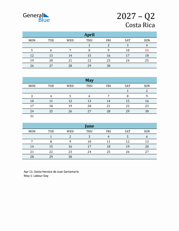 Three-Month Planner for Q2 2027 with Holidays - Costa Rica