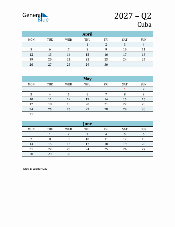 Three-Month Planner for Q2 2027 with Holidays - Cuba