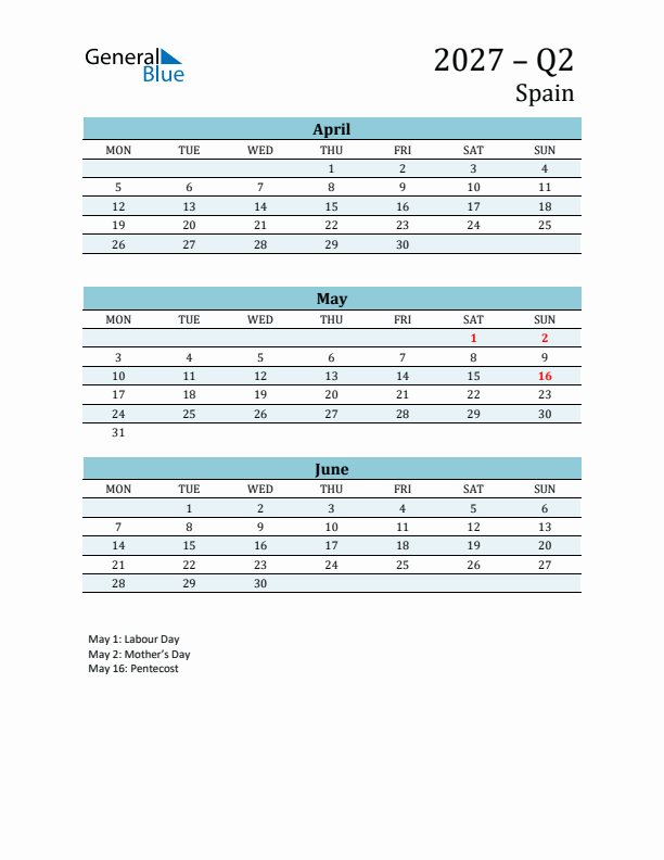 Three-Month Planner for Q2 2027 with Holidays - Spain