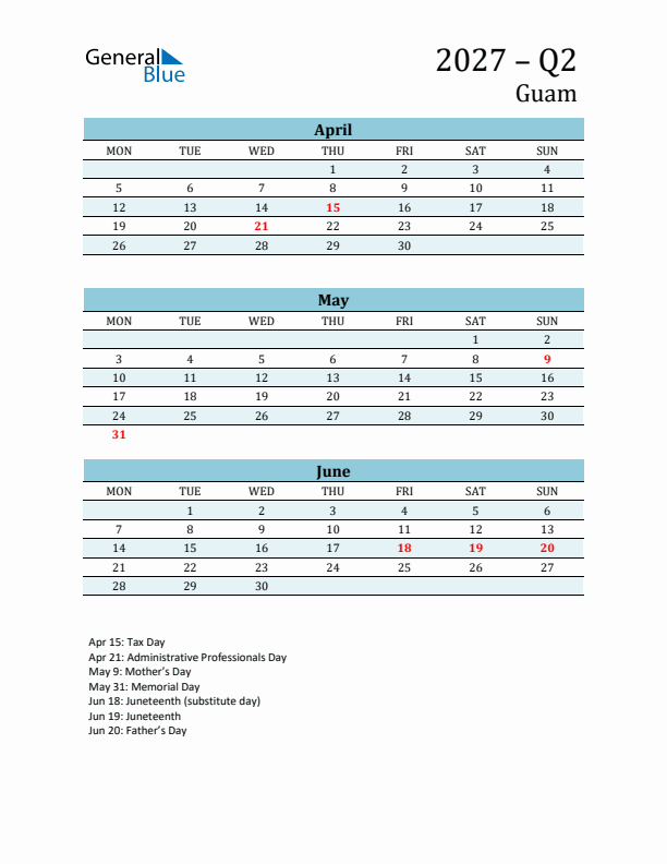 Three-Month Planner for Q2 2027 with Holidays - Guam