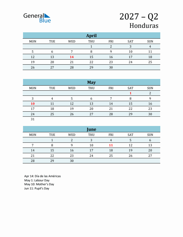 Three-Month Planner for Q2 2027 with Holidays - Honduras