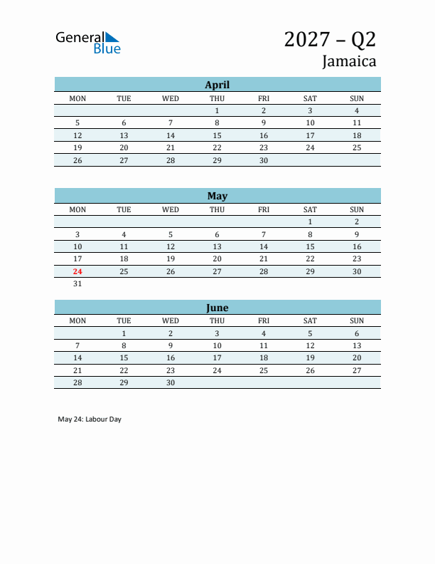 Three-Month Planner for Q2 2027 with Holidays - Jamaica