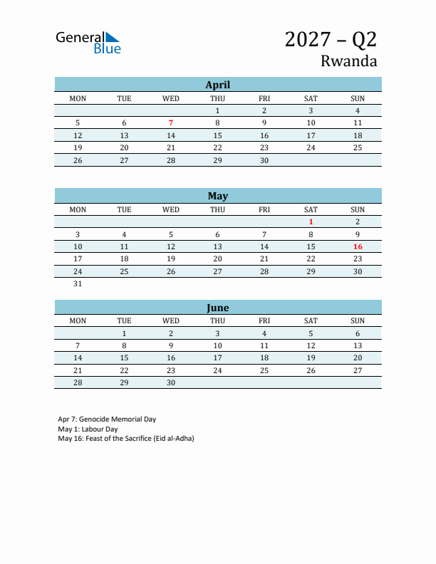 Three-Month Planner for Q2 2027 with Holidays - Rwanda