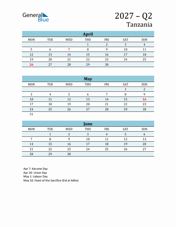 Three-Month Planner for Q2 2027 with Holidays - Tanzania