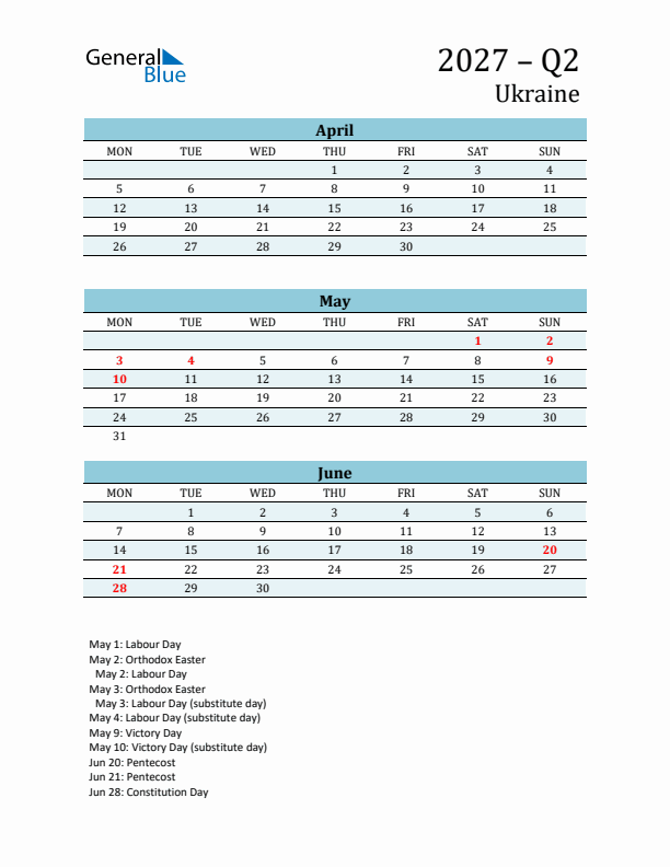 Three-Month Planner for Q2 2027 with Holidays - Ukraine