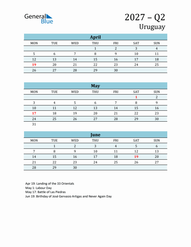 Three-Month Planner for Q2 2027 with Holidays - Uruguay