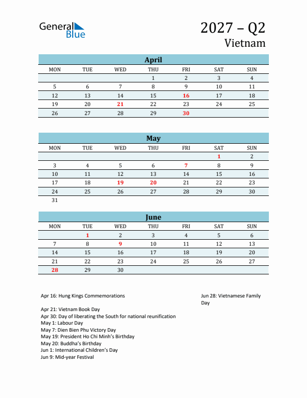 Three-Month Planner for Q2 2027 with Holidays - Vietnam