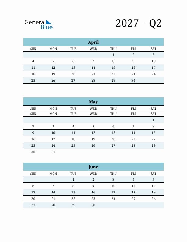 April, May, and June 2027 Calendar