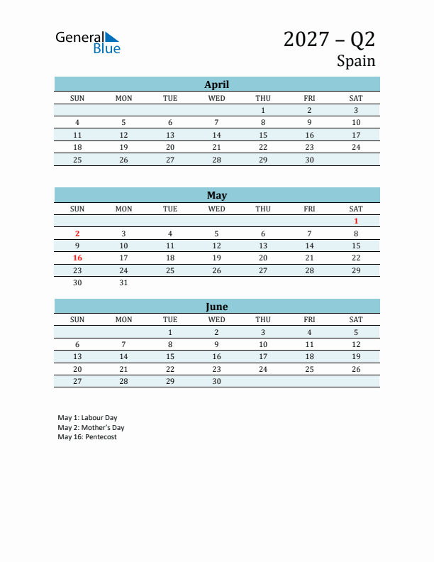 Three-Month Planner for Q2 2027 with Holidays - Spain