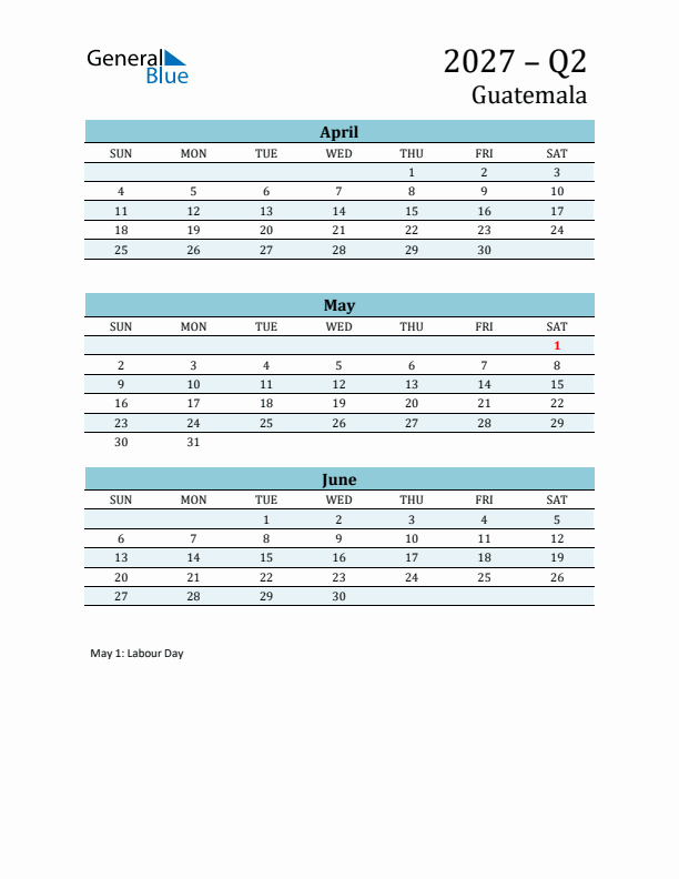 Three-Month Planner for Q2 2027 with Holidays - Guatemala