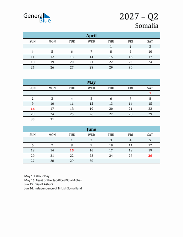 Three-Month Planner for Q2 2027 with Holidays - Somalia