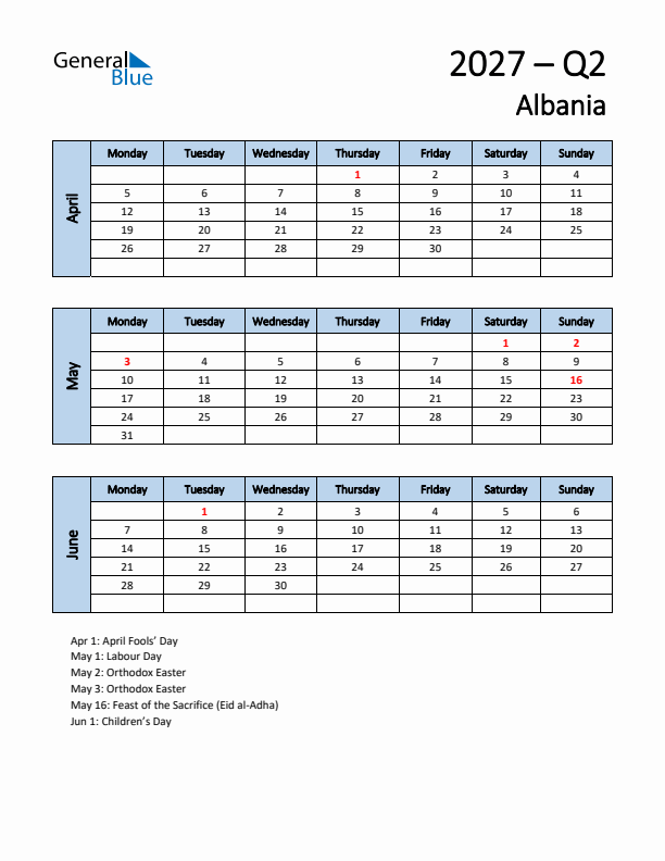 Free Q2 2027 Calendar for Albania - Monday Start