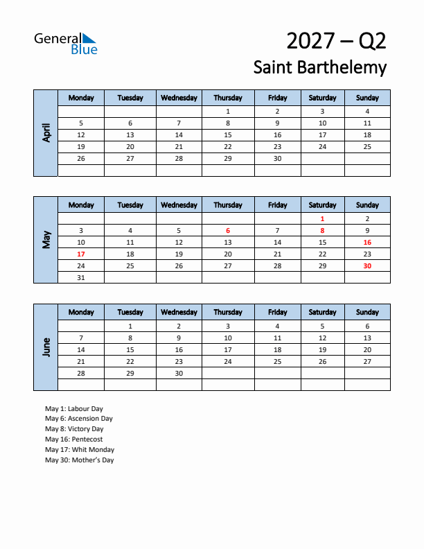 Free Q2 2027 Calendar for Saint Barthelemy - Monday Start