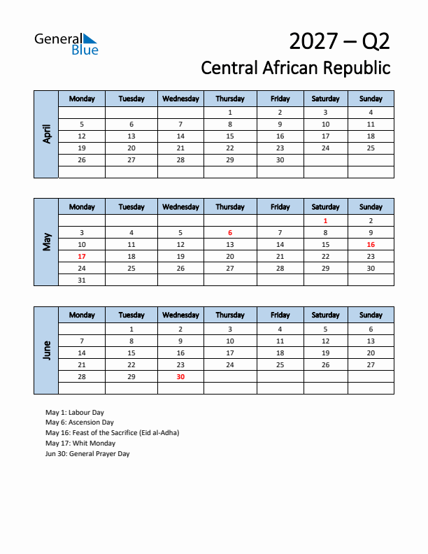 Free Q2 2027 Calendar for Central African Republic - Monday Start