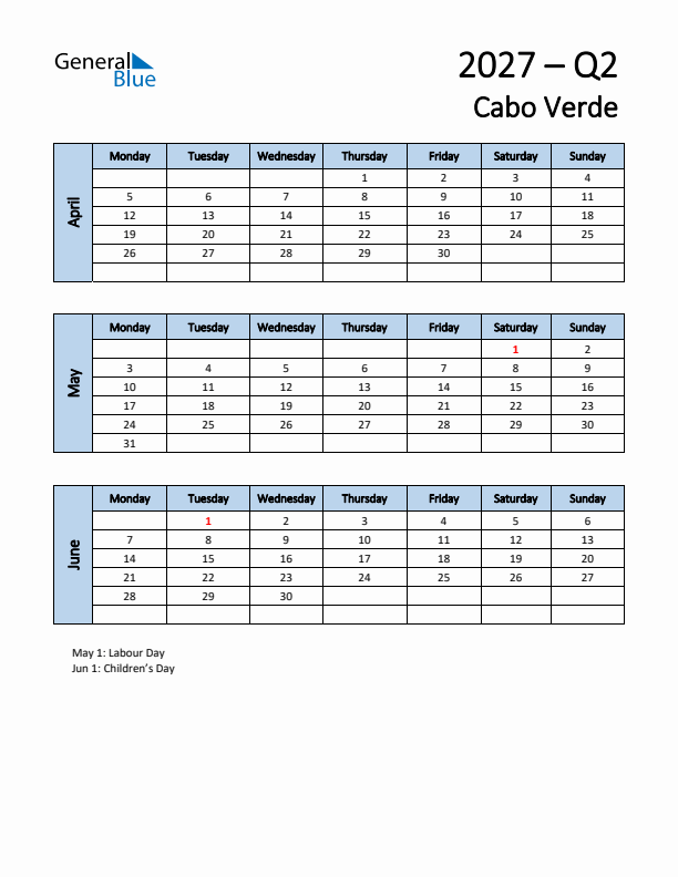 Free Q2 2027 Calendar for Cabo Verde - Monday Start